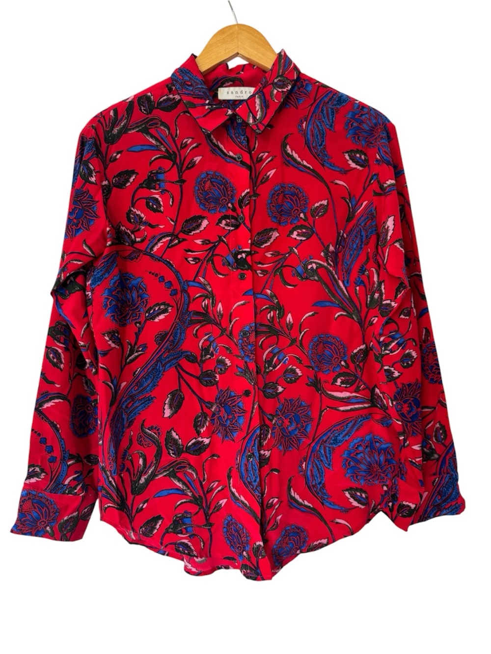 Sandro Red Floral Button-Down Shirt with Blue Paisley